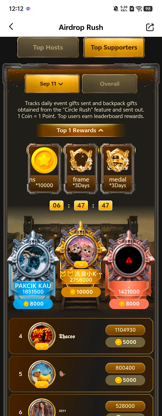 Airdrop Rush 活动榜单，展示 Top Hosts、Top Supporters、日榜和总榜
