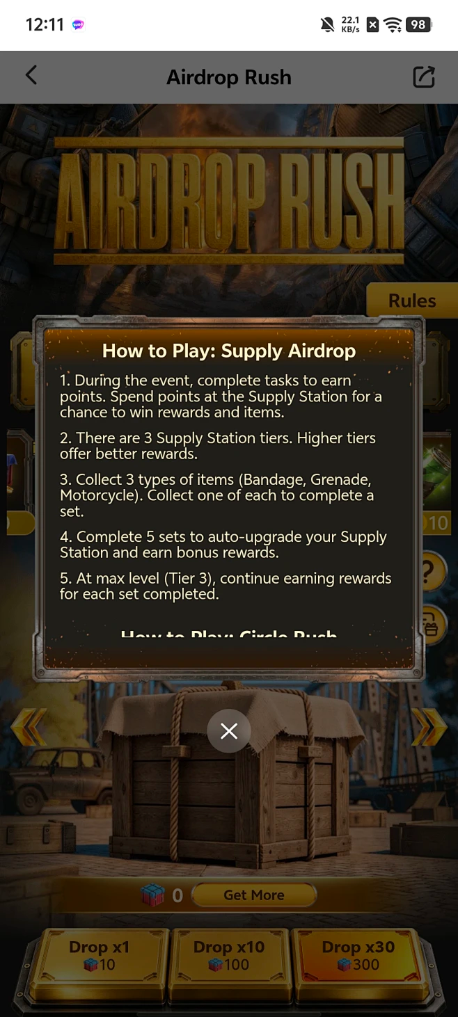 Airdrop Rush 英文规则弹窗，展示 Supply Airdrop 的玩法说明