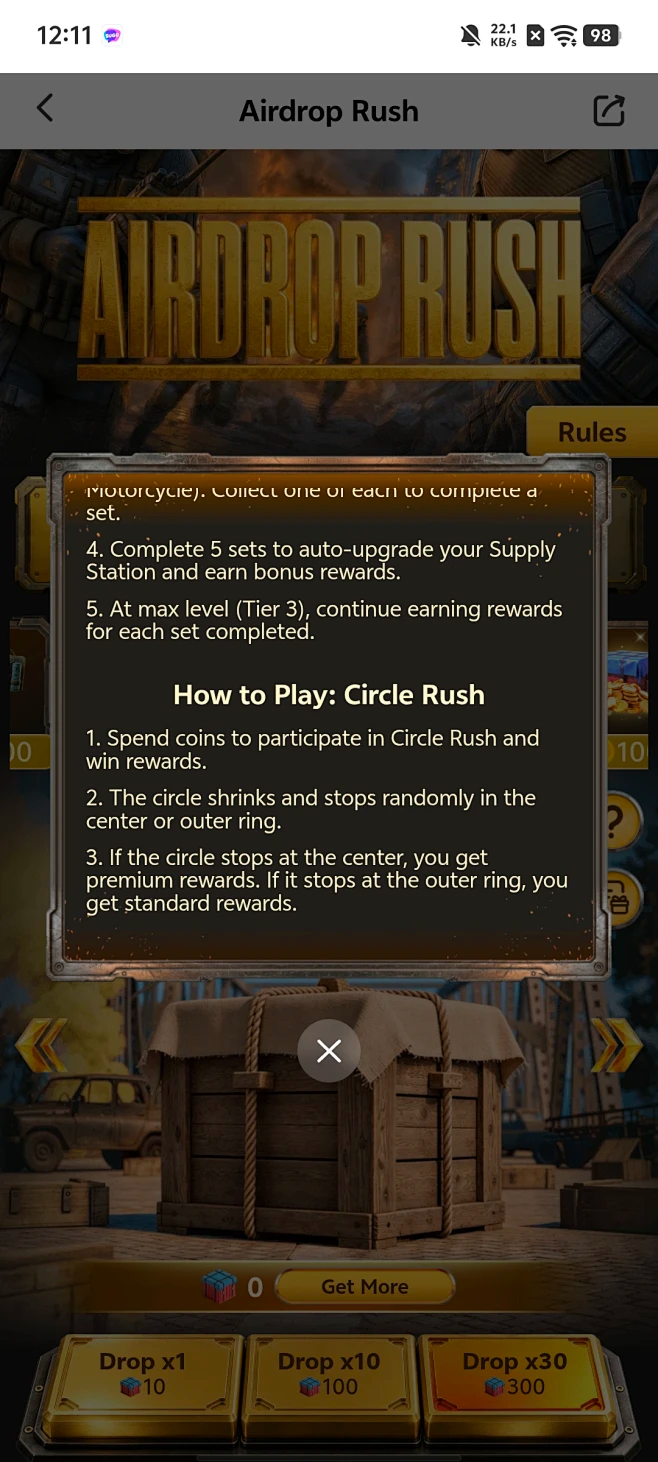 Airdrop Rush 英文规则弹窗，展示 Circle Rush 的玩法说明