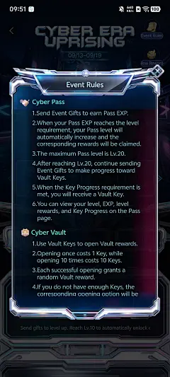 BIGO LIVE 活动规则弹窗，展示 Cyber Pass 和 Cyber Vault 的参与规则