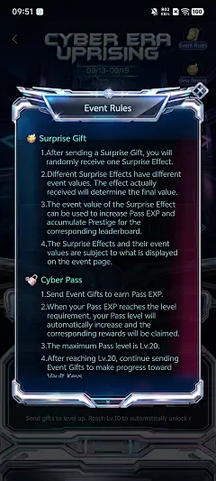 BIGO LIVE 活动规则弹窗，展示 Surprise Gift 和 Cyber Pass 规则