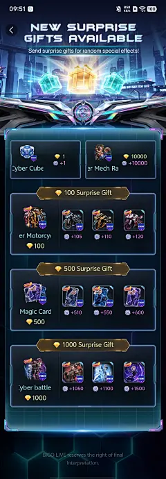 BIGO LIVE Surprise Gift 惊喜礼物界面，按礼物档位展示随机效果和经验奖励