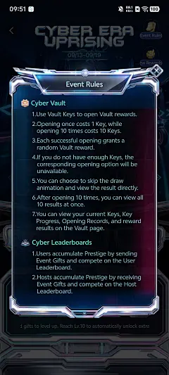 BIGO LIVE 活动规则弹窗，展示 Cyber Vault 和 Cyber Leaderboards 规则
