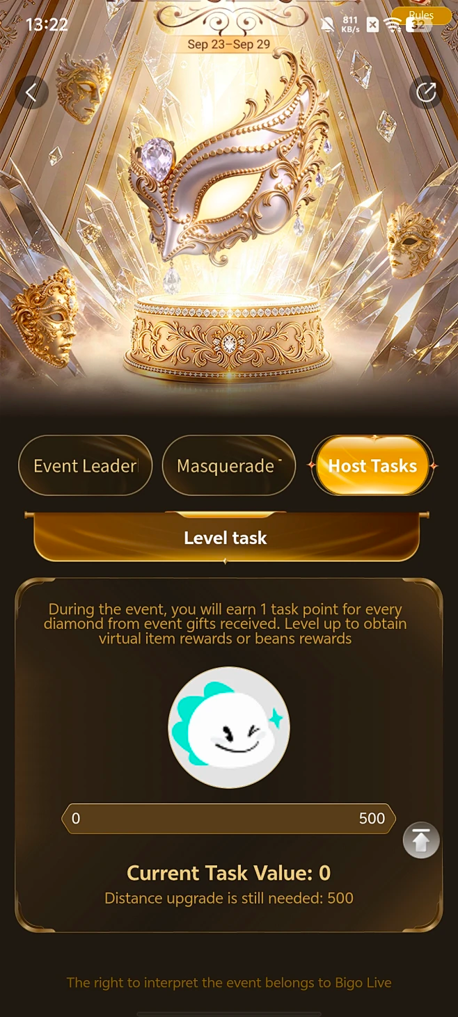 Masquerade Host Tasks 页面，展示主播任务积分和500点升级进度