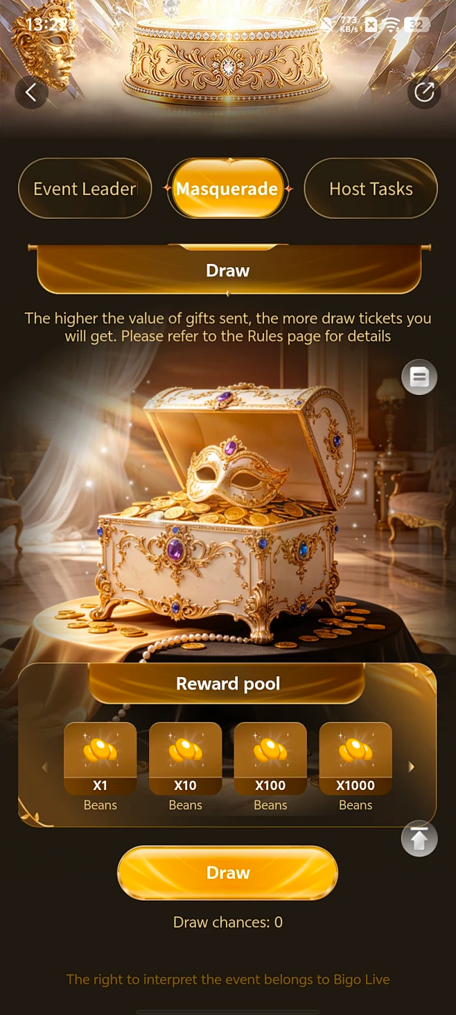 Masquerade Treasure 抽奖页面，展示宝箱、金豆奖励池和抽奖次数