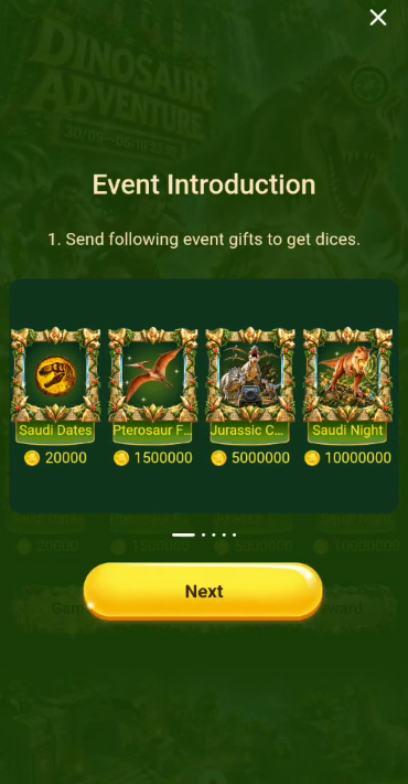 Dinosaur Adventure 新手引导第一步，展示活动礼物兑换骰子