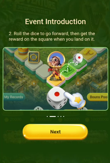 Dinosaur Adventure 新手引导第二步，展示掷骰子前进并领取落点奖励