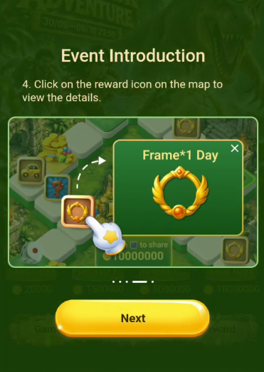 Dinosaur Adventure 新手引导第四步，展示点击地图奖励图标查看 Frame 奖励