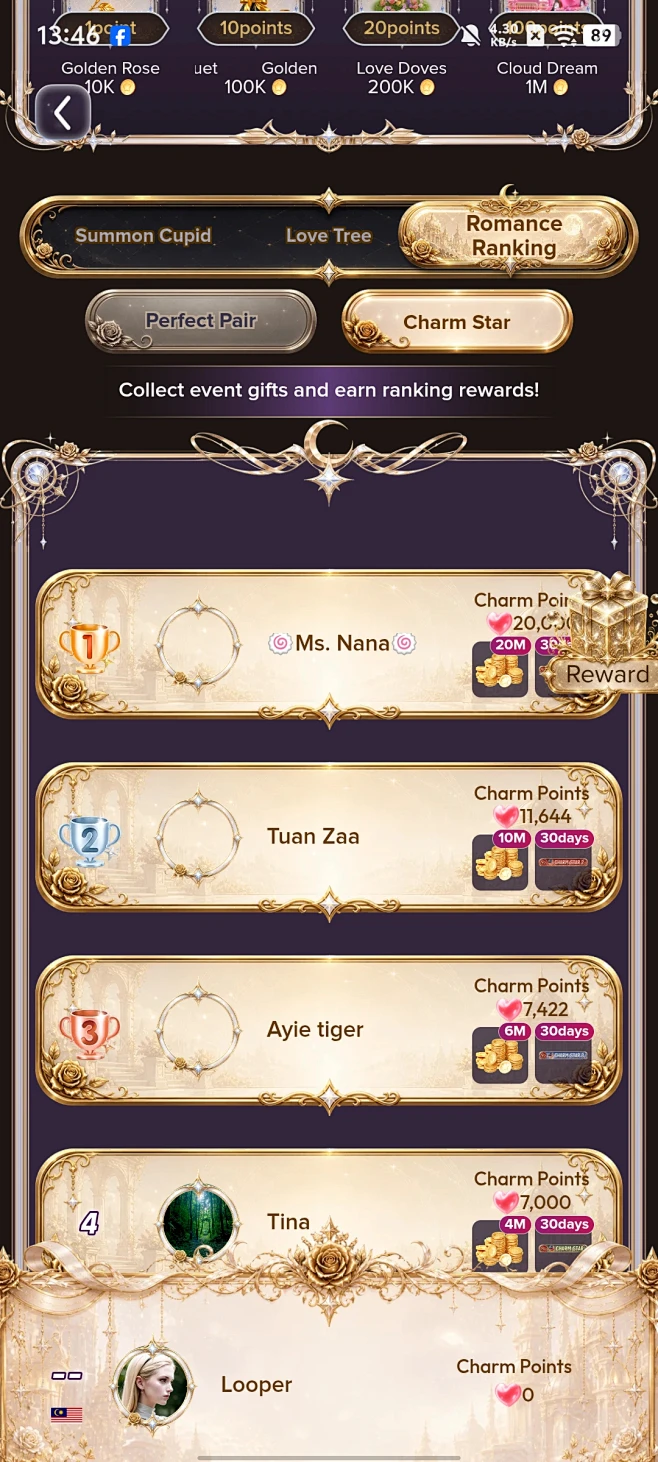 Nita Golden Romance Romance Ranking 页面，展示 Perfect Pair 与 Charm Star 榜单