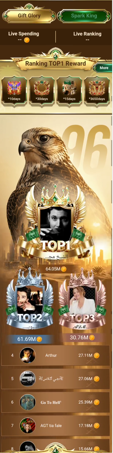 Gift Glory 实时榜单，显示礼物送出金额与 Top 1 奖励预览
