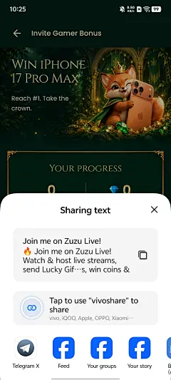 Zuzu Live Invite Gamer Bonus 分享文案弹窗与社交分享入口