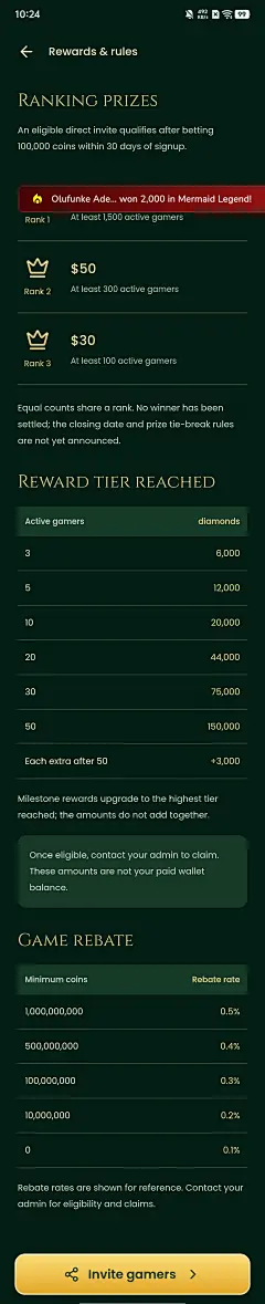 Zuzu Live Invite Gamer Bonus 奖励与规则长截图，展示榜单奖励、阶梯奖励和游戏返利